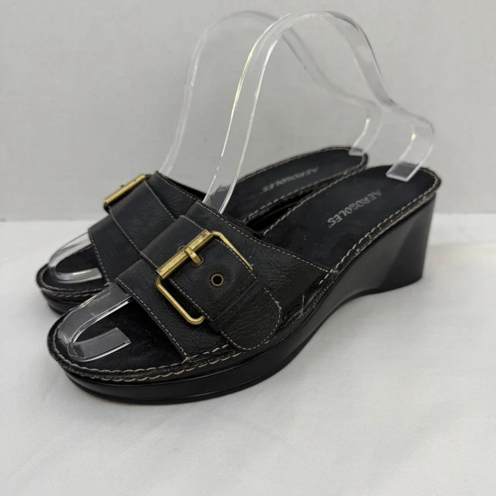 Vintage Y2K Aerosoles Black Leather Wedge Slide Sandals Buckle Detail Womens 6.5